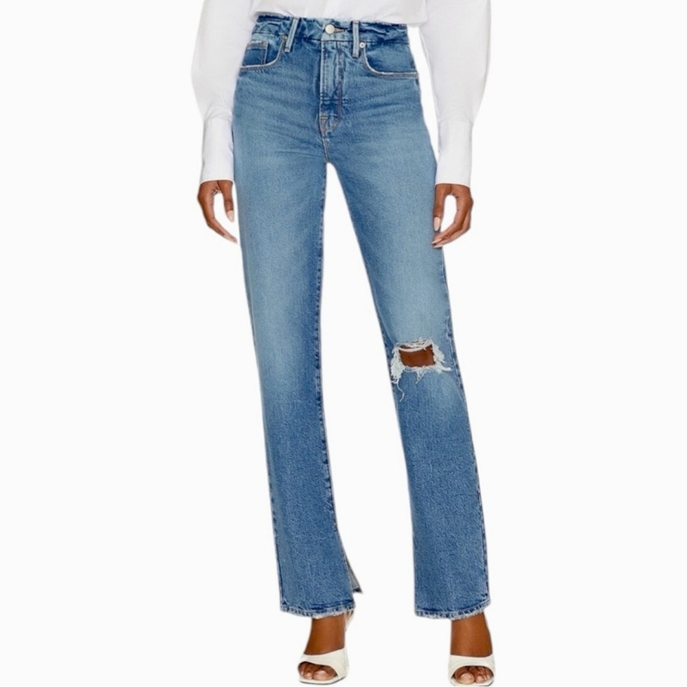 GOOD AMERICAN Good Boy Split Hem Distressed Straight Leg Jeans In Indigo 18